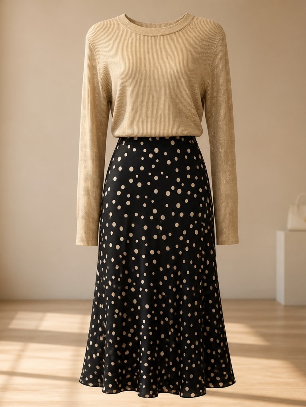 Polka Dot 35” Long Skirt - Black with Gold Dots. 100 Viscous, NWT Large